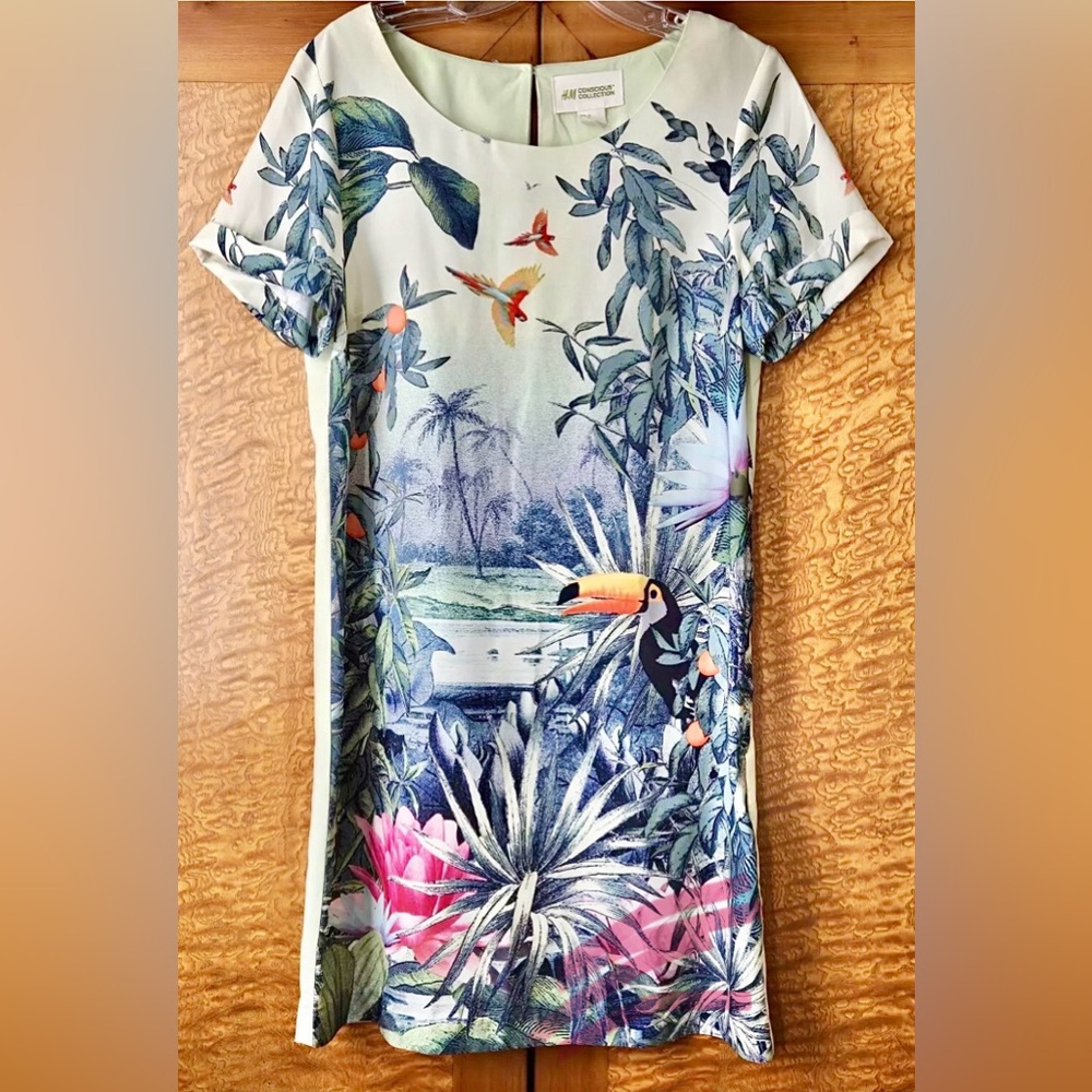 H&M Conscious Collect Green Tropical Short Sleeve Shift Dress Side Zip Med/Sz 8